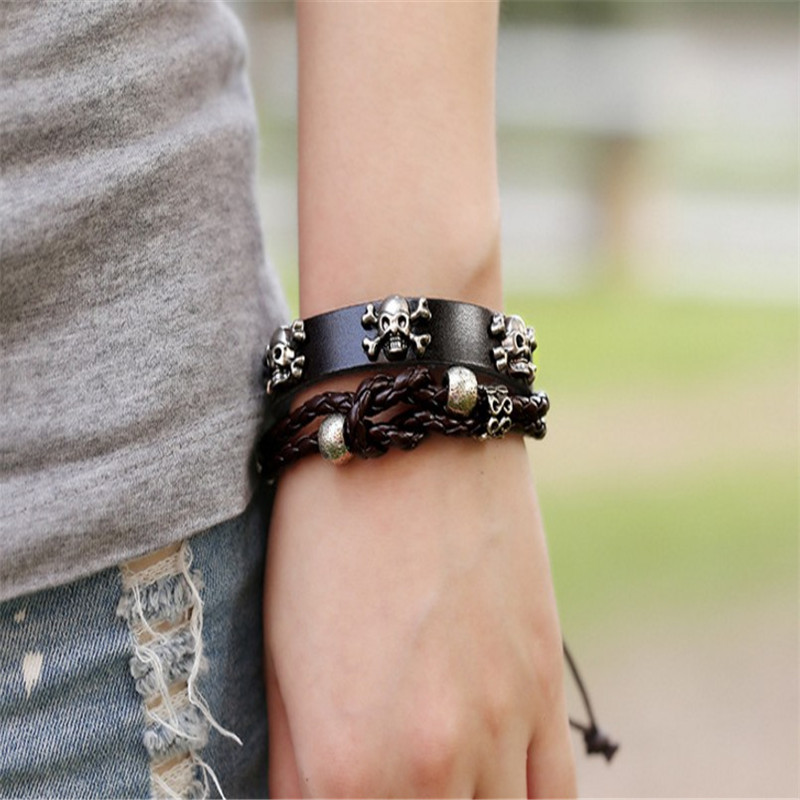 欧美个性骷髅串珠真皮手链 朋克手环批发义乌小饰品 编织牛皮手饰