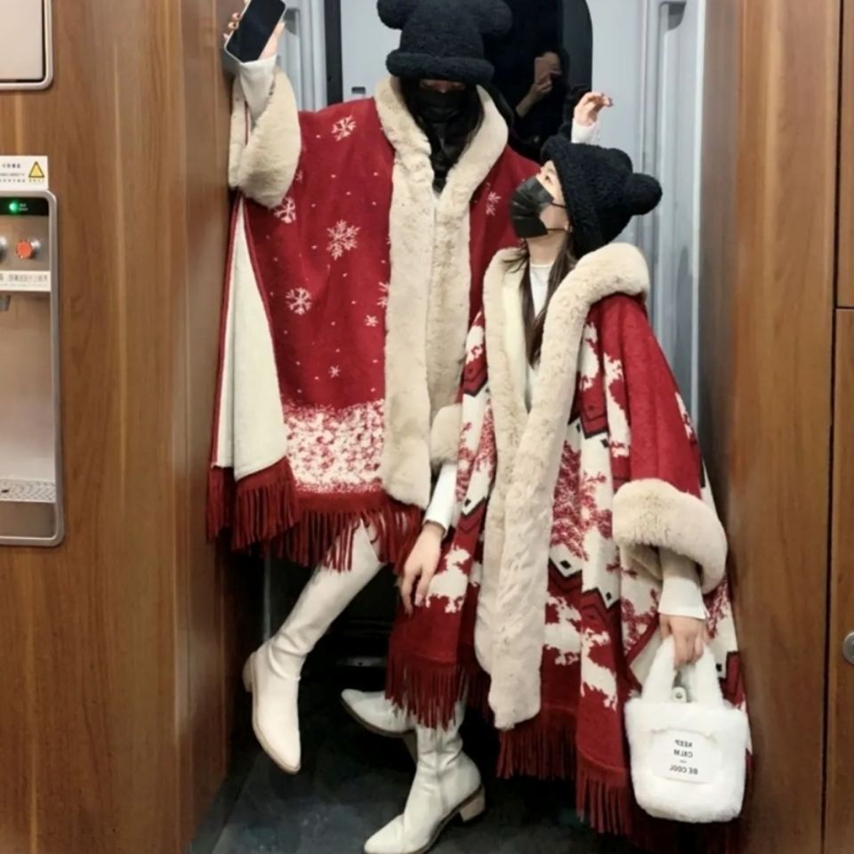 圣诞毛衣斗篷披肩百搭宽松女秋冬针织外套女新款韩版洋气连帽大衣