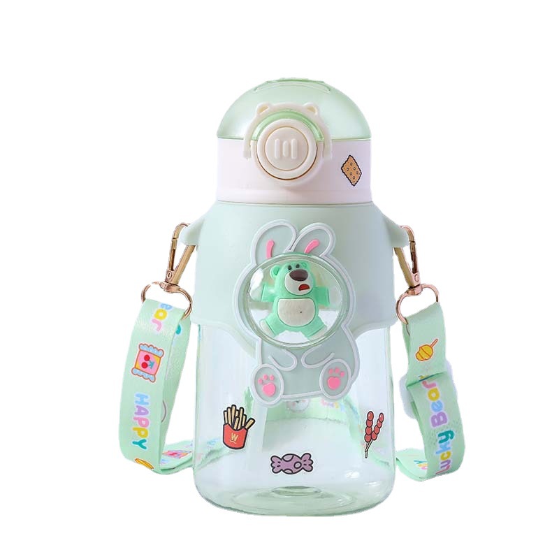 Factory Wholesale Good-looking Summer Plastic Cup Crossbody Strap Portable Cup Cartoon Cute Wind Belt Straw Water Bottle