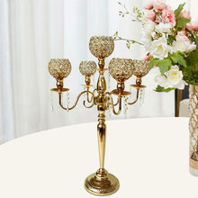 厂家直供金色五头水晶烛台婚庆气氛布置道具婚礼派对用品摆件装饰