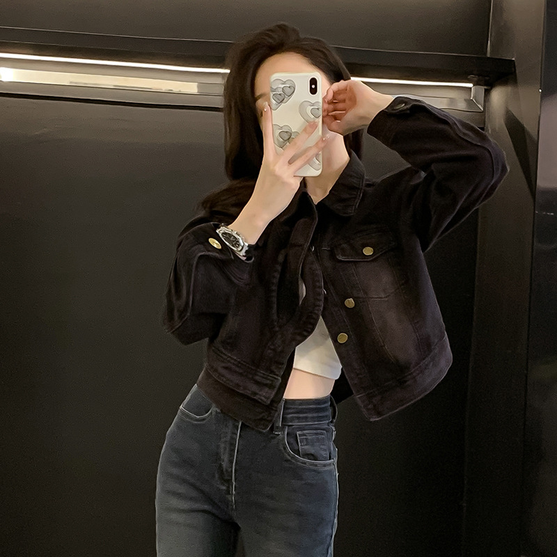 复古做旧黑色牛仔外套女春秋新款韩版宽松小个子显高短款夹克上衣