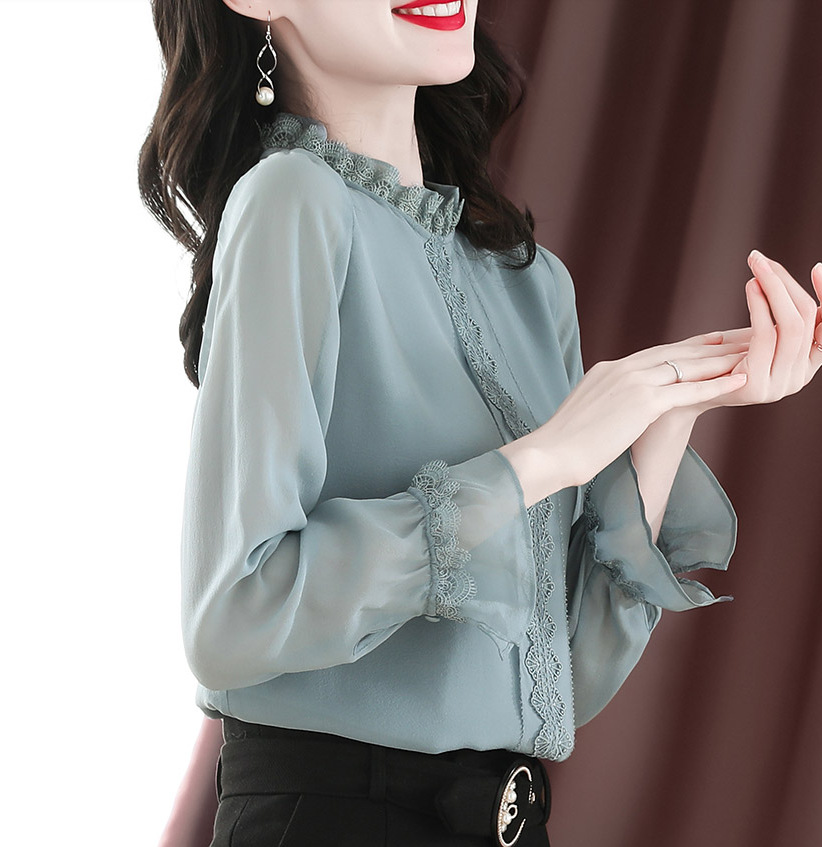 女2021春季新款绣花钉珠衬衣立领桑蚕丝上衣双绉桑蚕丝印花衬衫2022