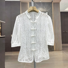 深圳南油2024年夏季新款新中式立领盘扣刺绣镂空气质蕾丝衫上衣女