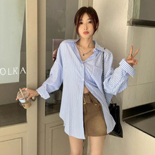 跨境绿色条纹衬衫女式春夏韩系宽松薄款外搭防晒开衫长袖衬衣上衣