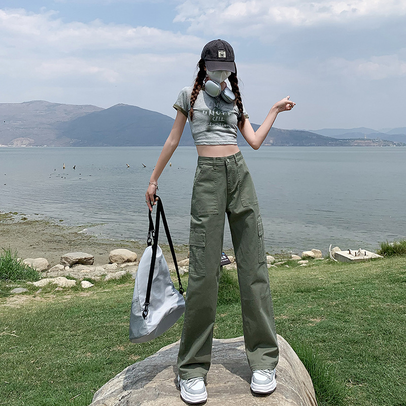 American Straight Cargo Pants Female 2024 Spring New High Waist Loose and Slimming Narrow Version Wide-Leg Casual Pants Women Clothes