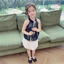 新中式童装女童套装优雅花朵女宝宝盘扣旗袍上衣百褶裙裤两件套潮