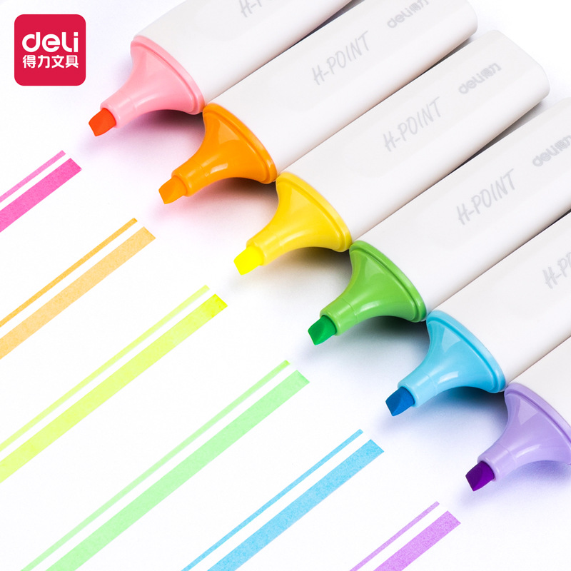 得力s604标记六色荧光笔斧式笔头扁平笔杆学生笔记办公彩色记号笔