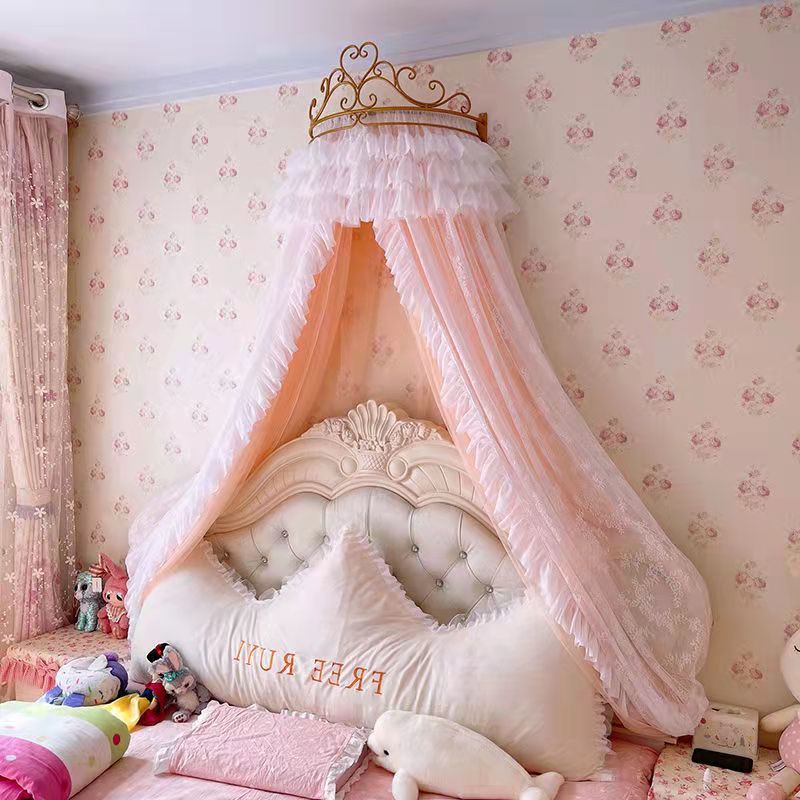 床幔公主风蚊帐家用床帘幔纱床头装饰帘粉色1.5纱幔皇冠架1.