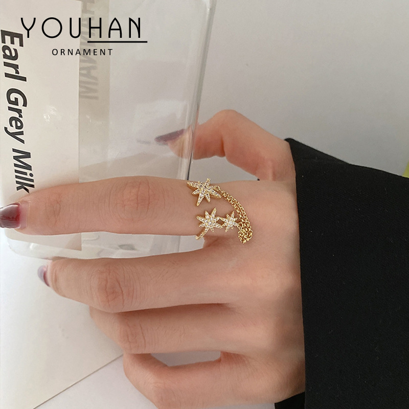 South Korea Dongdaemun Classic Eight Awn Star Chain Tassel Index Finger Ring Finger Opening Adjustable Retro Minority Index Finger Ring