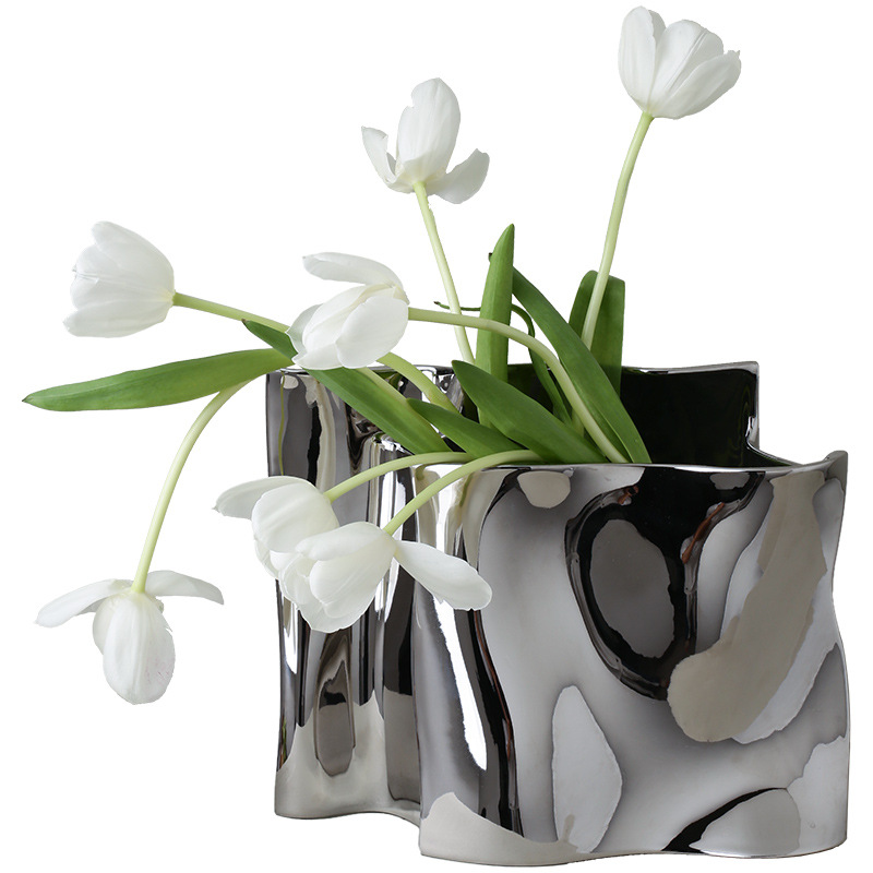 Jingdezhen Ceramic Silver Electroplating Vase High-Grade Light Luxury Flower Ware Living Room Wide Mouth Irregular Furnishings Wholesale