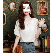 韩国chic复古气质木耳边短袖上衣女夏季显瘦感新中式提花衬衫
