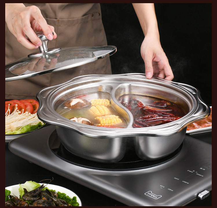一体成型火锅盆304不锈钢加厚鸳鸯金色太阳盆电磁炉专用大号带盖