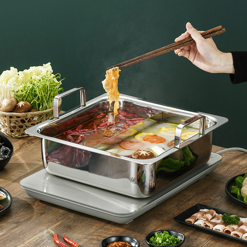 意铂仕304不锈钢鸳鸯锅加厚方形大容量火锅盆商家用电磁炉二味锅