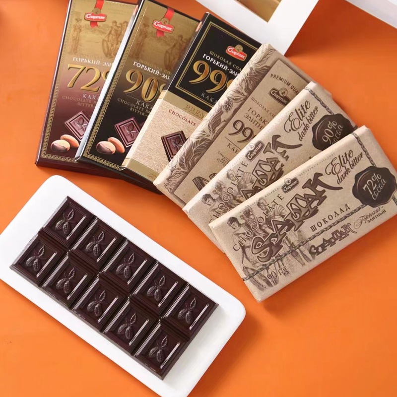 进口斯巴达克纯黑巧克力90％牛皮纸俄罗斯纯可可脂90克黑巧代餐