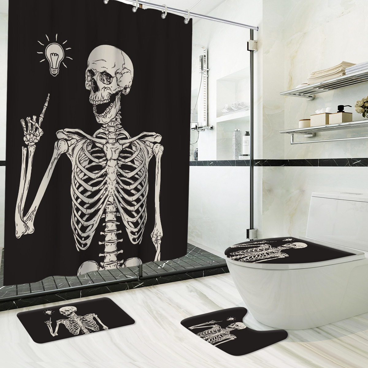 Halloween Shower Curtain Four-Piece Set Pirate Ship Captain Skull Printing Shower Curtain Bathroom Shower Curtain Non-Slip Mat Wholesale