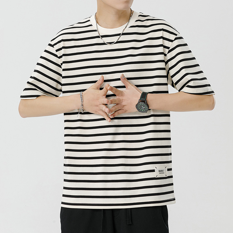 Qi Haipeng Cloud Summer New Men's Striped T-shirt Casual All-Match Men's and Women's Same Half Sleeve Top Couple Fashion