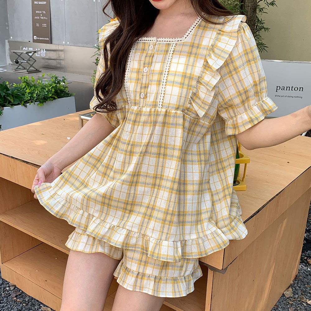 Pajamas Women's Two-Piece Short-Sleeved Shorts Summer Pure Cotton Cotton Korean Set Cotton Plaid Can Be Outerwear Homewear