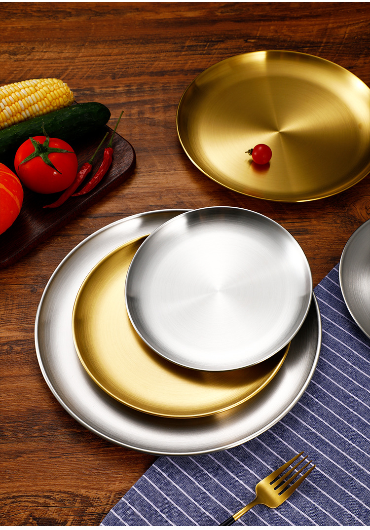 ins风不锈钢圆形水果盘金属餐盘简约点心甜点咖啡托盘首饰收纳盘