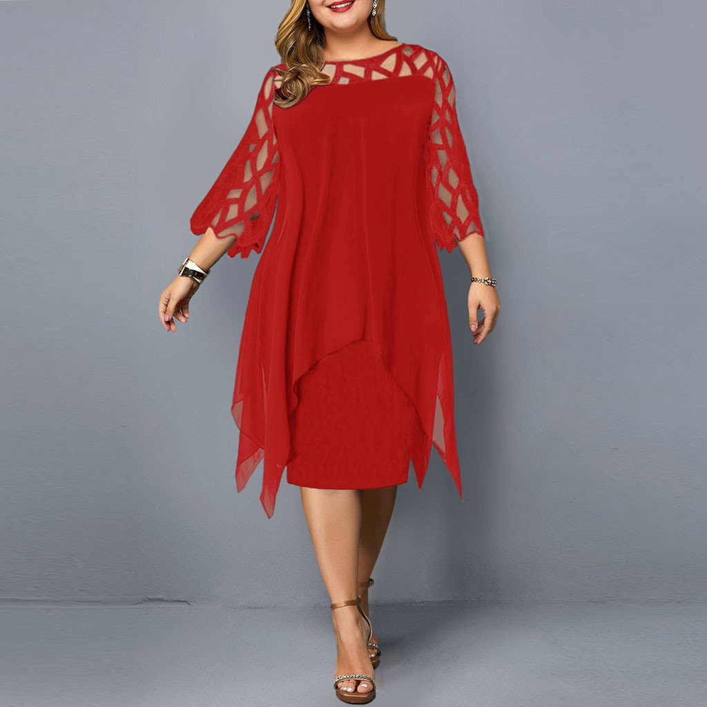 EBay Amazon AliExpress European and American Style Lace Stitching 3/4 Sleeve Irregular Hem Chiffon Dress in Stock