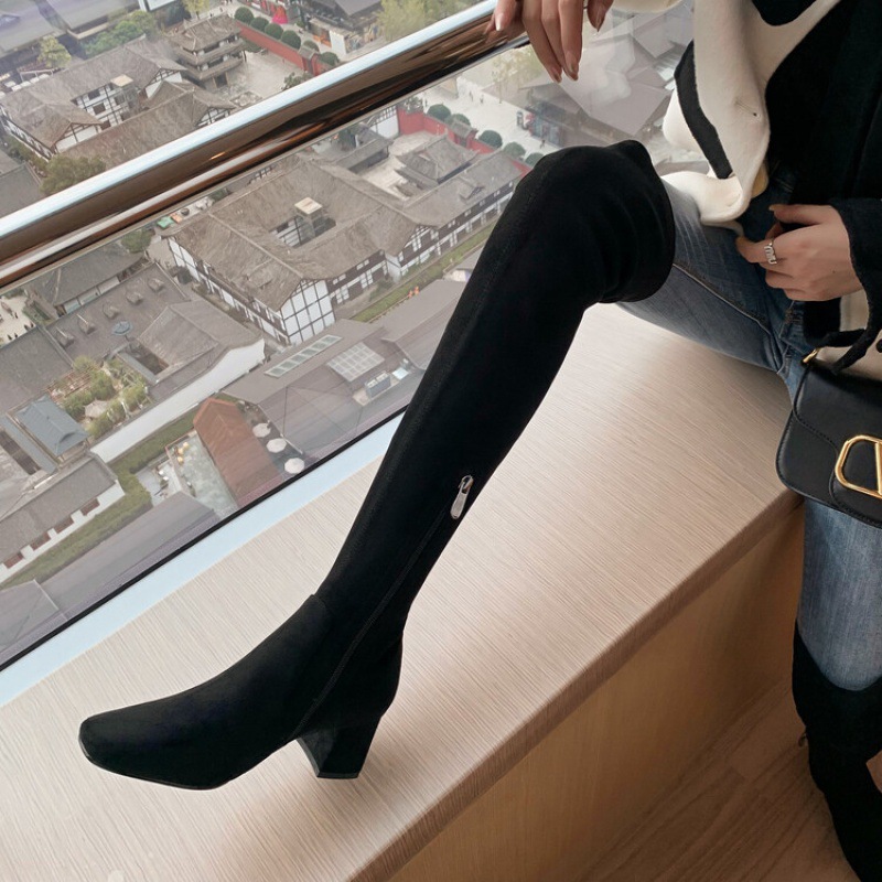 女士长靴秋冬新款过膝弹力靴中跟黑色瘦瘦靴跨境外贸女鞋黑色皮靴