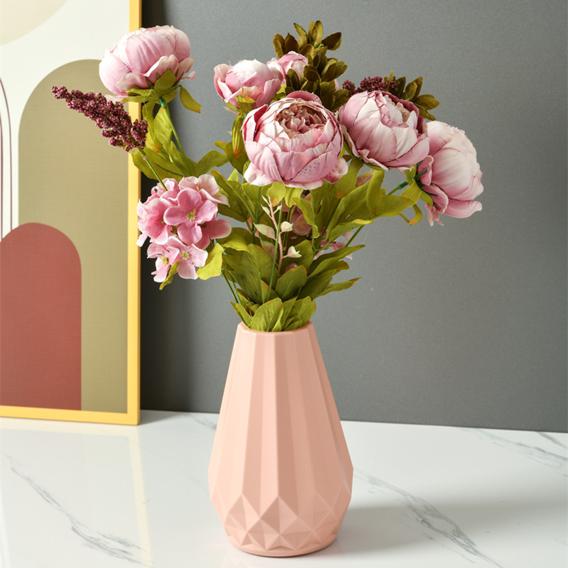 Plastic Vase Nordic Color Vase Creative Camellia Decoration Wet and Dry Flower Vase Imitation Glaze Drop-Resistant Vase 0755-4