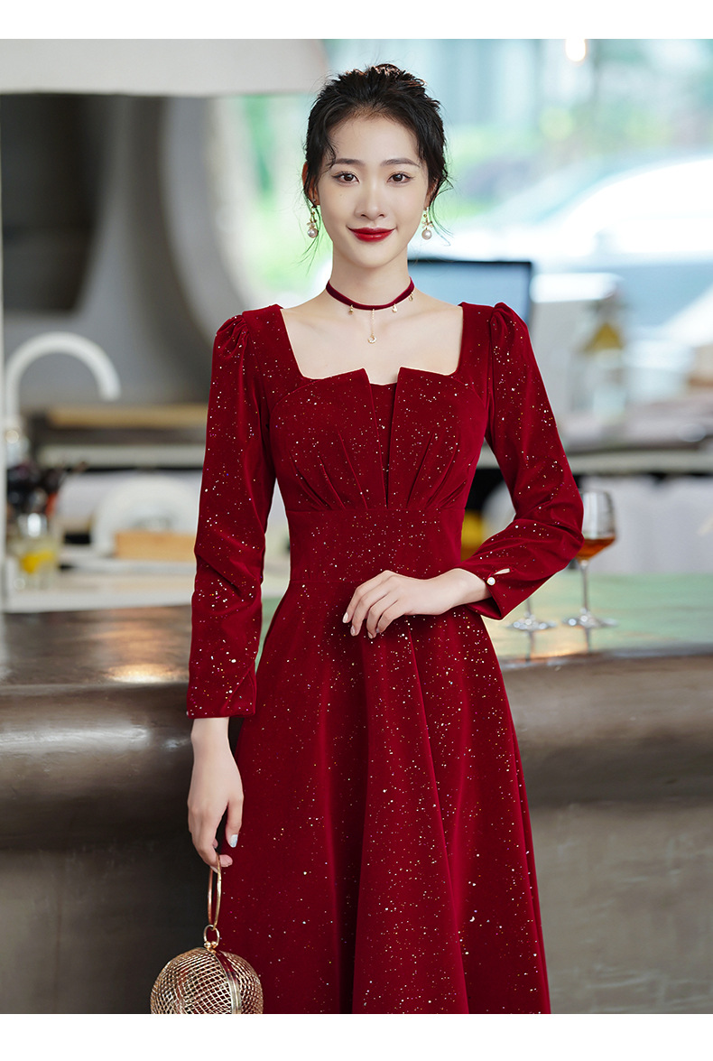 法式酒红色新娘敬酒服2023秋冬新款结婚订婚回门礼服平时可穿