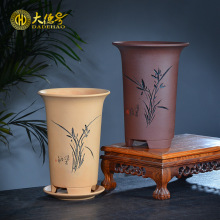 大德号双线绿泥小喇叭宜兴紫砂花盆带托盘春兰蓝草透气专用兰花盆