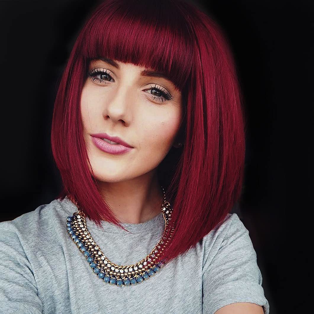 工厂批发跨境假发欧美假发时尚酒红色短直带刘海bob假发波波头套