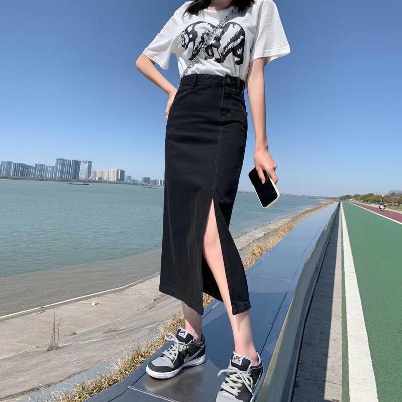 Denim Skirt Half-Length Slit Side Slit Denim Skirt Women's Summer Word Hot Girl Mid-Length Irregular Hip-Wrapped Dress