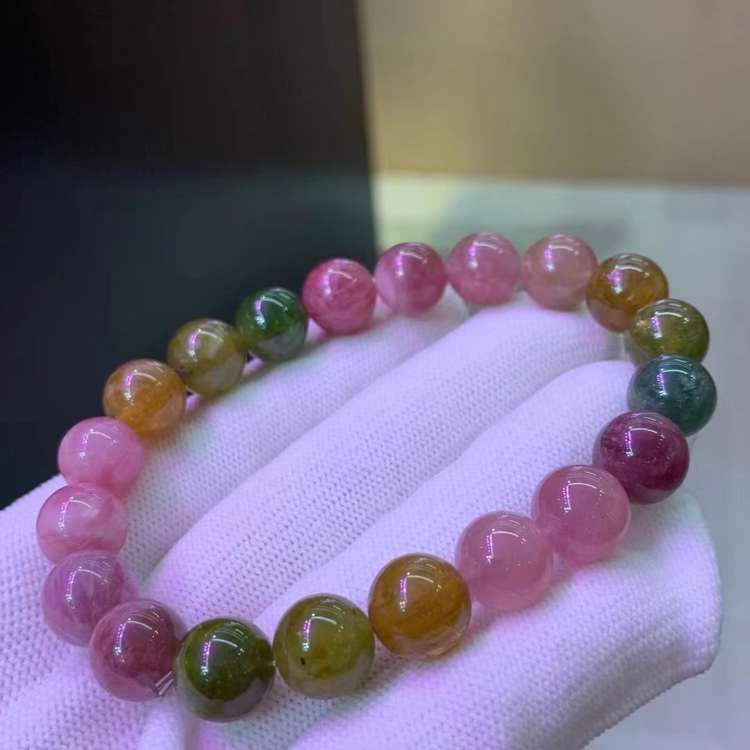 厂家批发 天然碧玺圆珠手串 巴西老料 晶体好 彩虹色 成色漂亮