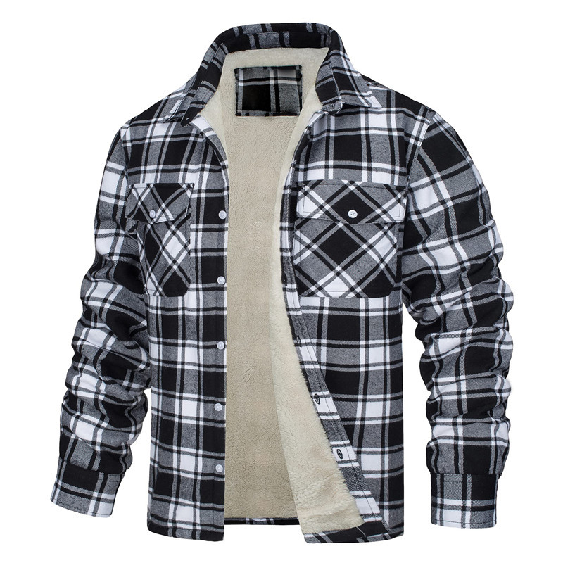 Fleece-lined Men's Jacket 2023 New Amazon Long Sleeve Lapel Plaid Plush Lined Single Breasted Baggy Coat