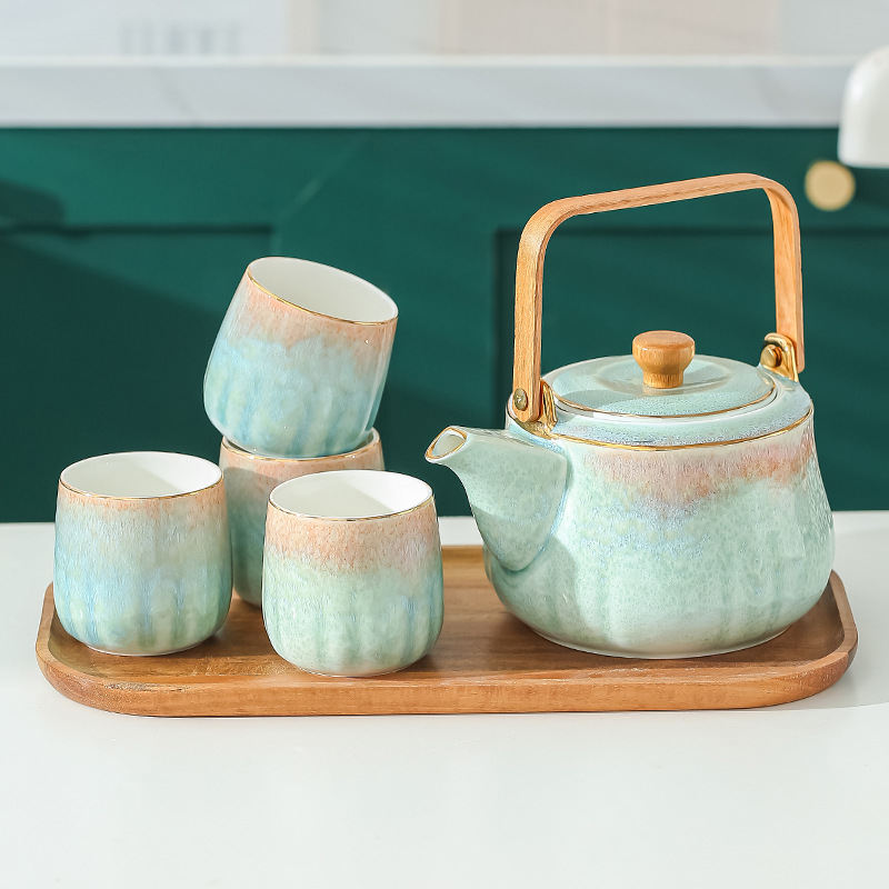 Glaze Kiln Contrast Color Household Tea Set Creative Gift Band Tray Tea Set One Pot Four Cups Ceramic Tea Set Gift Box