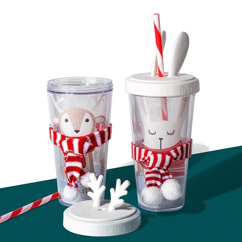 Warm Heart Hand Guard Cute Rabbit Water Cup Creative Cup Flat Lid Cup with Straw Double-Layer Plastic Cup