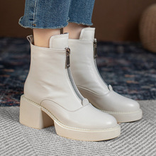 2021年新款女秋冬前拉链白色马丁靴厚底粗跟短靴小个子单靴子