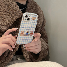 蓝格子小熊适用iPhone14promax苹果15大视窗贴皮手机壳12/13可爱