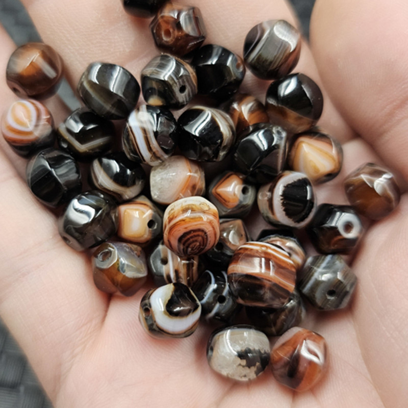 缠丝玛瑙六棱珠子玉石散珠黑咖啡色玛瑙路路通珠子切面珠批发