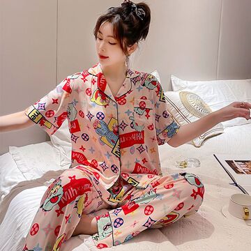 棉绸睡衣女夏季薄款短袖长裤两件套装翻领人造棉家居服可外穿