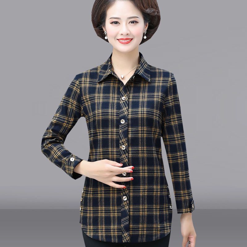 中年妈妈格子衬衣女士衬衫春秋上衣新款中老年女装40岁50洋气外套