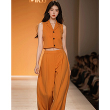 成套搭配感橘色西装马甲阔腿裤宽松显瘦青春活力女装套装夏季
