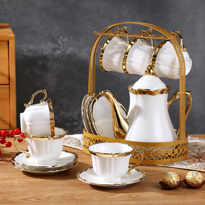 European-Style Ceramic Coffee Set Set Cross-Border Coffee Set Upscale Gold Rimmed British Style Afternoon Tea Teaware 13-Piece Set Drinking Ware