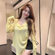 薄款微透黄色长袖T恤女夏季韩版中长款宽松百搭开叉防晒罩衫上衣