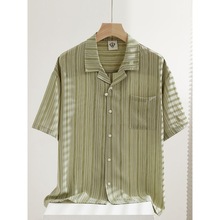 夏季薄款垂感古巴领衬衫男士短袖宽松百搭复古草绿条纹休闲衬衣潮