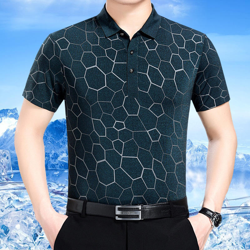 短袖t恤男夏装翻领印花衣服40-50岁中年人格子冰丝爸爸polo衫体恤