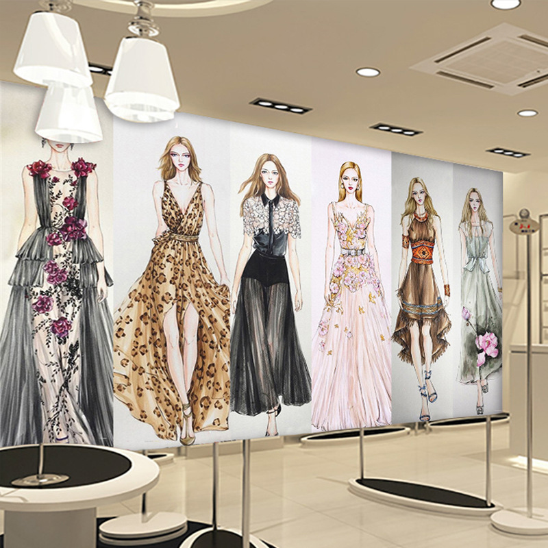 手绘时尚个性服装墙纸女装服装店背景墙壁纸时装店模特工作室壁画