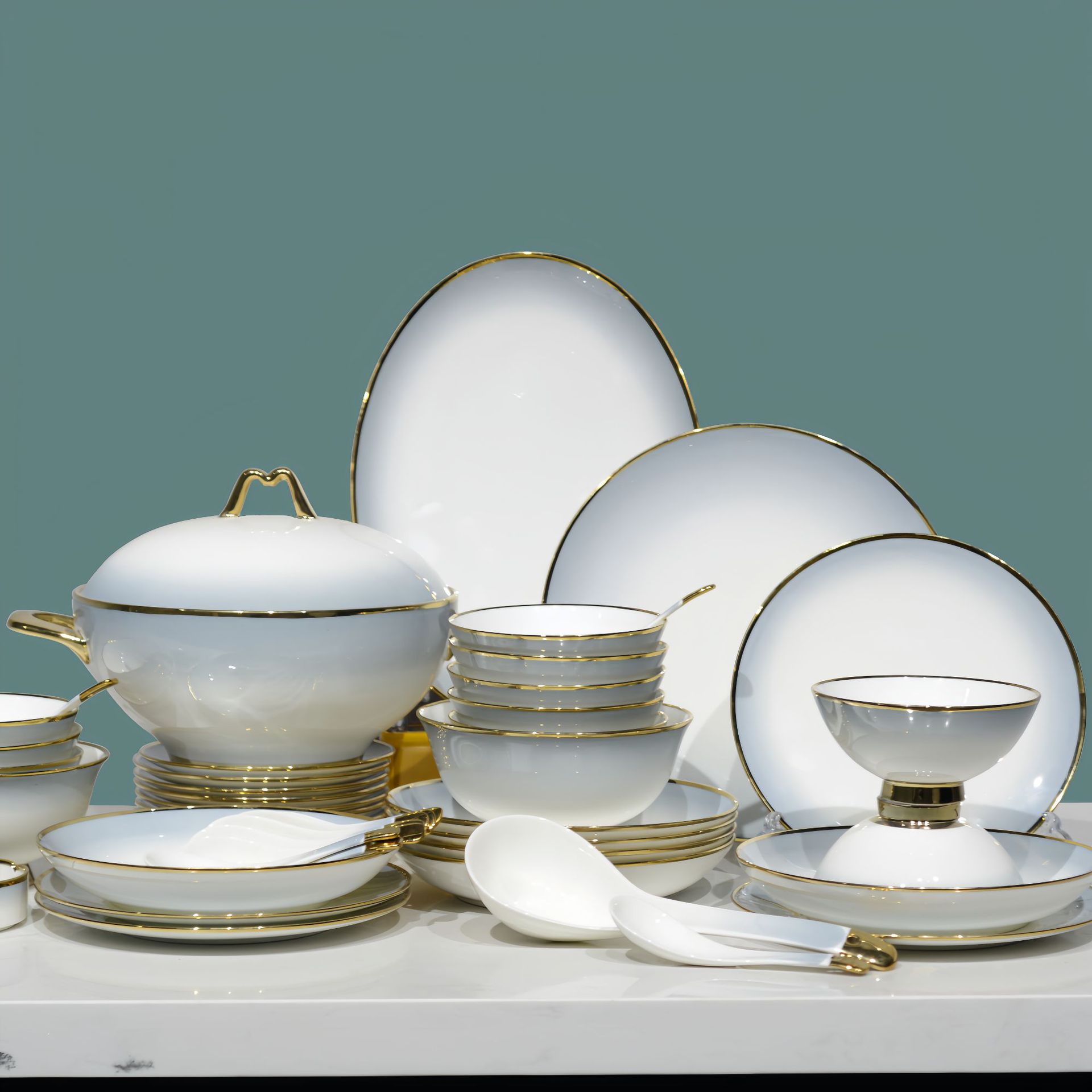 景德镇陶瓷餐具碗碟套装家用轻奢描金边简约渐变灰骨瓷乔迁礼品