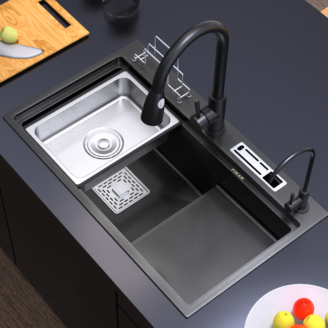 加厚阶梯水槽黑色手工水槽大单槽高低洗碗池网红水槽厨房洗菜盆