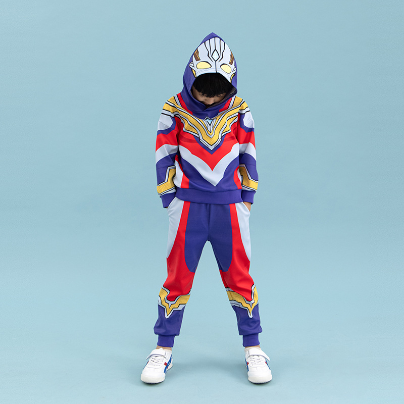 奥特曼秋冬儿童套装新款正版奥特曼连帽套头长袖套装特利迦套装