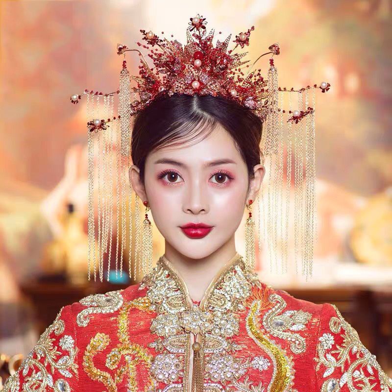 新娘头饰秀禾发饰秀禾服凤冠红色结婚流苏步摇中式大气禾服婚礼女