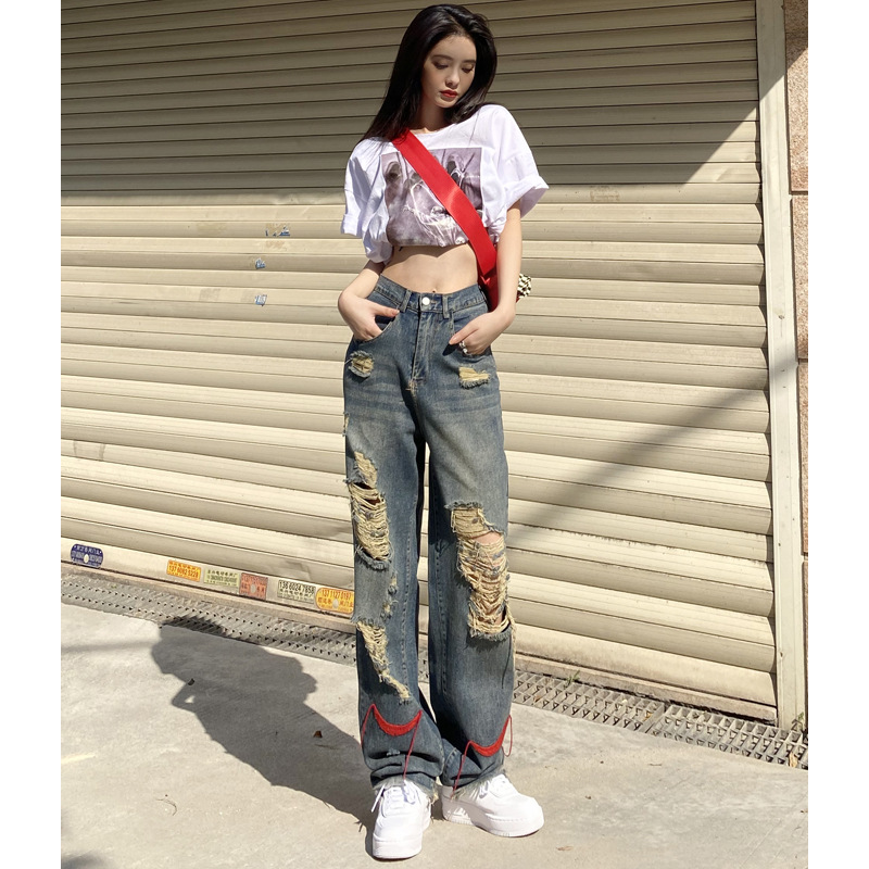   American Style Retro Tattered Jeans Wide eg Jeans Women's Summer New High Waist Distressed Ins Street Straight Mopping Pants Fashion