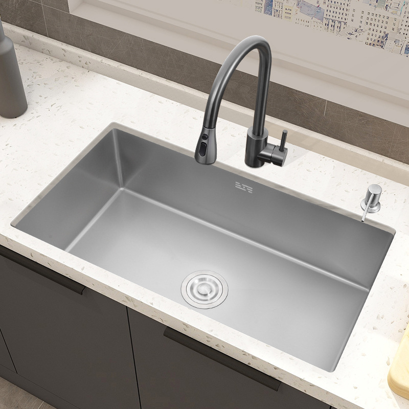 枪灰色水槽大单槽台下手工sus304不锈钢洗菜盆小厨房洗碗池嵌入式